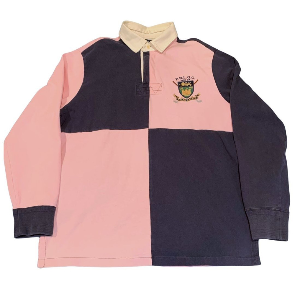 Vintage Polo Ralph Lauren Mens Rugby Shirt Size L Pink Navy Blue Lions Crest 90s